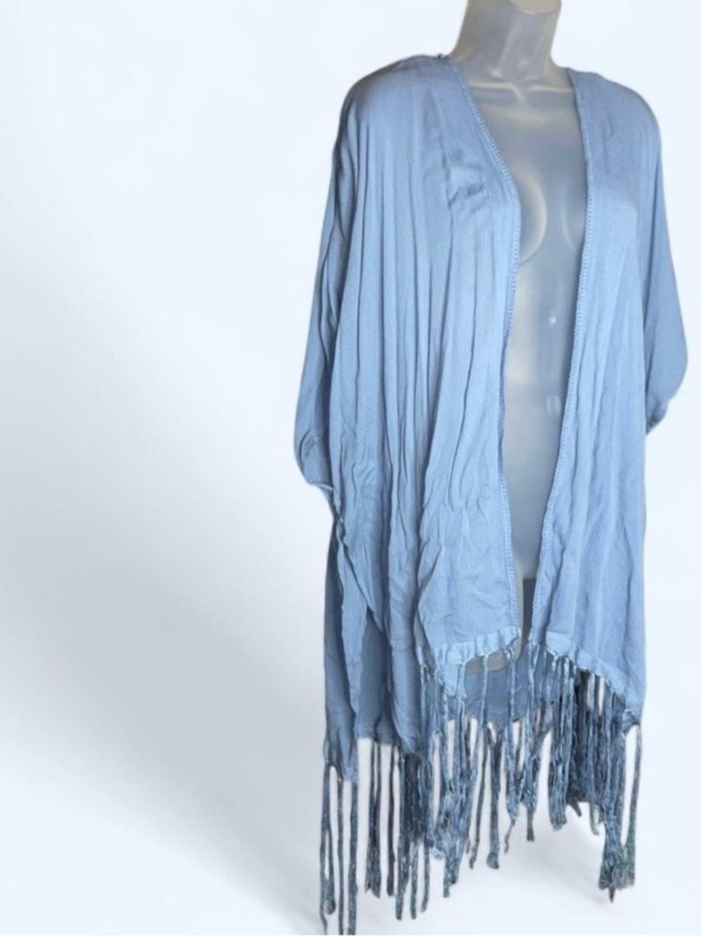 New Sonoma Light Blue Fringe Open-Front Women’s Poncho Shrug - Picture 2 of 13